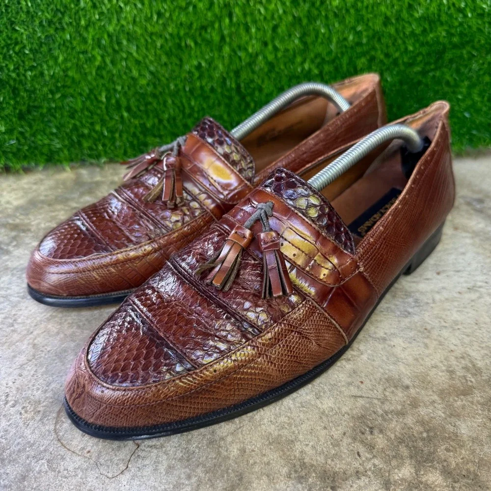 Vintage 90s Stacy Adams Genuine Snake Tassel Loafers Western Brown 11
